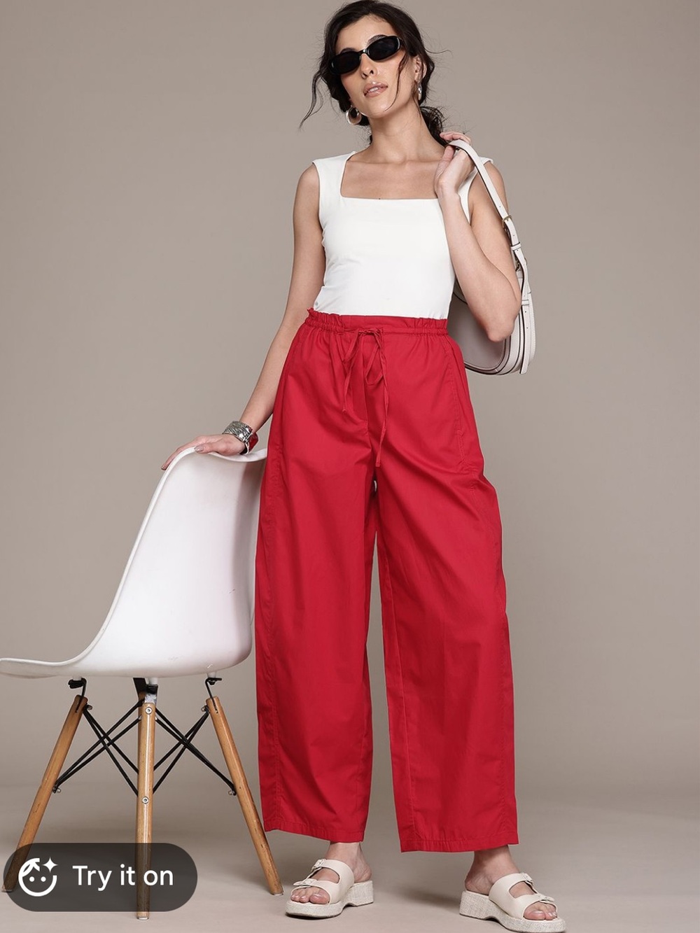 Mango MNG Paper Bag Pants With Bow Red Large 100% Cotton